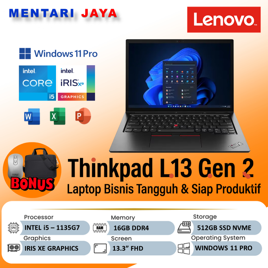 Lenovo ThinkPad L13 Intel i5 1135G7 16GB SSD 512GB Win11 Pro Laptop Bisnis