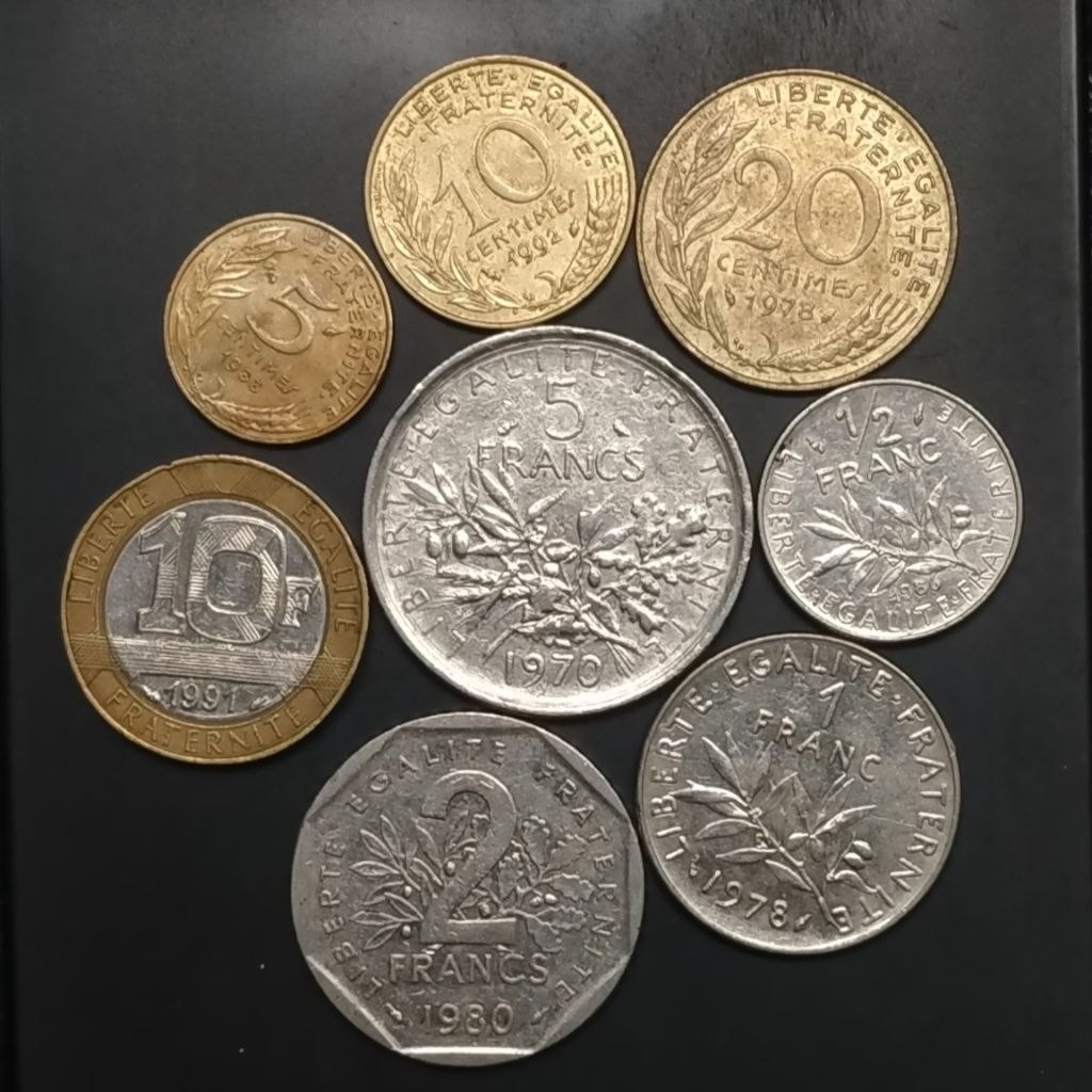Paket Hemat set koin Prancis 1/2 - 1 - 2 - 5-10 Francs 5-10-20 Centimes total 8 keping