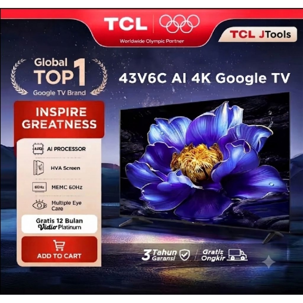 TCL 43V6C AI TV 4K Google TV 43 inch V6C - MEMC - HDR 10 - HVA Panel - Dolby Audio - Google Play/Net