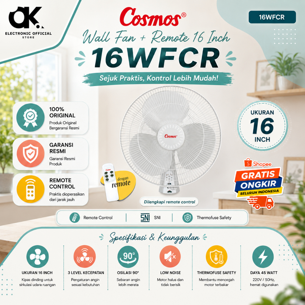 COSMOS WALL FAN + REMOTE 16WFCR 16inch/16 WFCR/16-WFCR/16-WFCR/16 WFCR/COSMOS ORIGINAL GARANSI RESMI