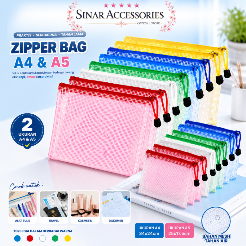 SA Zipper Bag / Map Jaring / Map Ziper Besar / Travel Pouch / Map Resleting / Map Jaring Plastik/ Ko