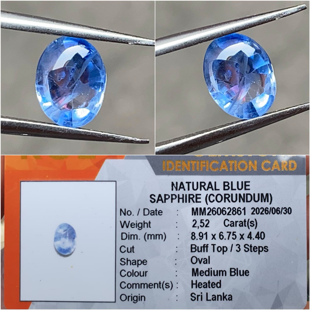 natural Blue Sapphire srilanka 2.52ct Heated memo KGL kristal luster oke