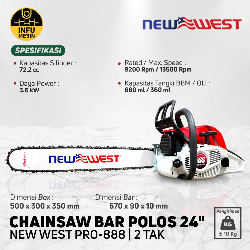 Chainsaw NewWest PRO 888 Bar Laser 24 inch Gergaji Kayu 2 Tak