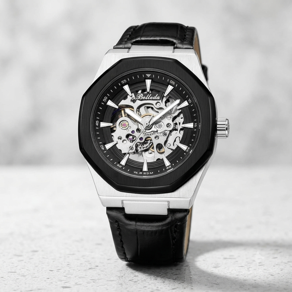 Belleda Jam Tangan Pria Automatic 9628 Strap Kulit Automatic Anti Air Fashion Watches Original