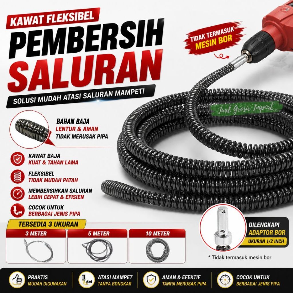 Alat Pembersih Pipa Mampet Pipe Cleaner Kawat Dengan Adaptor Bor