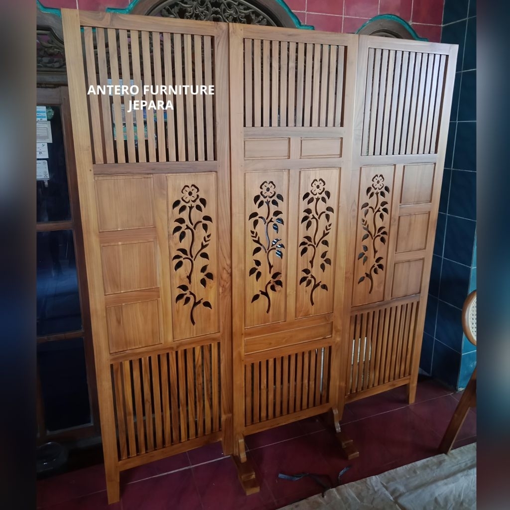 pembatas ruangan sketsel lipat kayu jati penyekat ruang