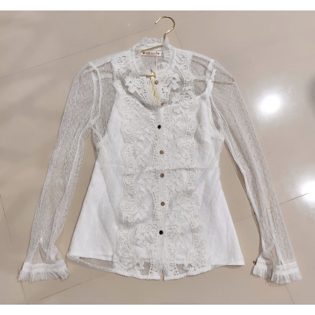 Blouse Lace Brukat Wanita Korea Baju Atasan Transparan Premium Kemeja Brokat Pesta Mewah