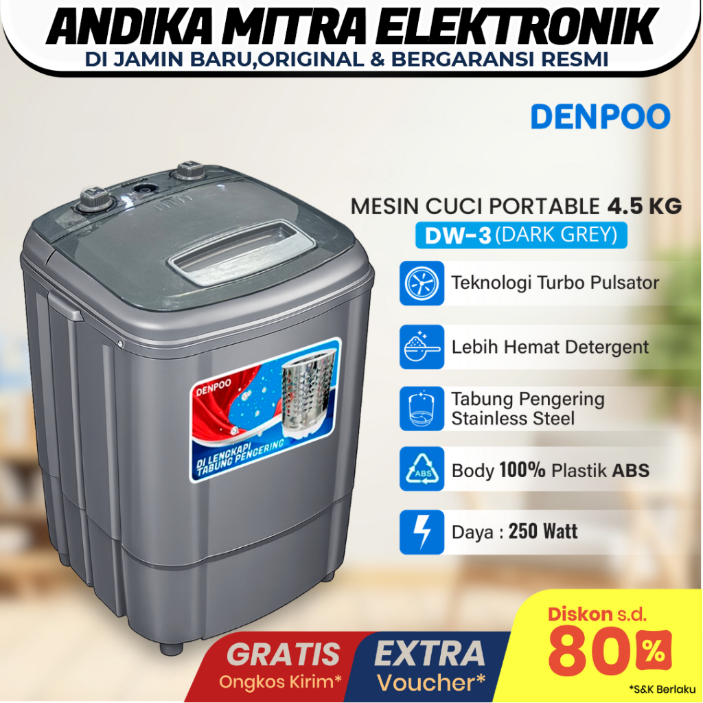 MESIN CUCI PORTABLE MINI DENPOO DW-3 KAPASITAS 4,5 KG MESIN CUCI MINI