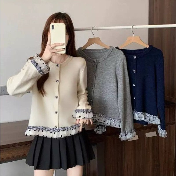 Cardigan Wanita Bahan Renda Polos Lengan Panjang Outer Gaya Korea