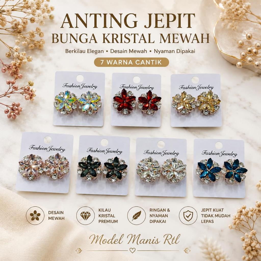Anting Jepit Bunga Kristal Premium GWK013 | Clip On Earrings Wanita Elegan | Giwang Tanpa Tindik