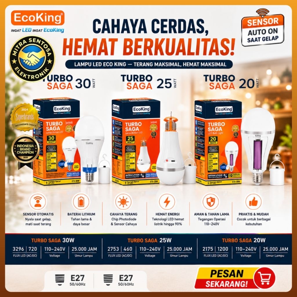 Lampu Led Emergency Ac Dc Ecoking Turbo Saga 20w 25w 30w  Emergency Led Bulb Cahaya Putih
