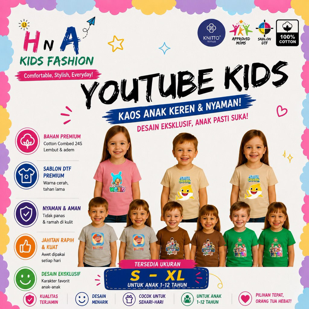 KAOS ANAK YOUTUBE KIDS DISTRO PREMIUM | COTTON COMBED 24S | SABLON DTF TAHAN LAMA | USIA 1–8 TAHUN