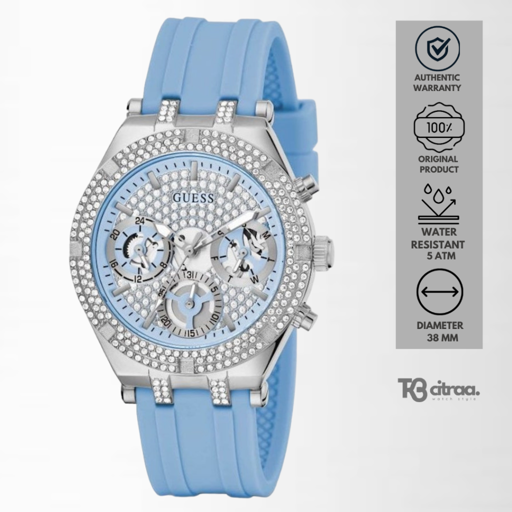 Jam Tangan Wanita Guess Heiress Chronograph Dual Tone Glitz Dial Blue Rubber Silicone Mewah Casual O
