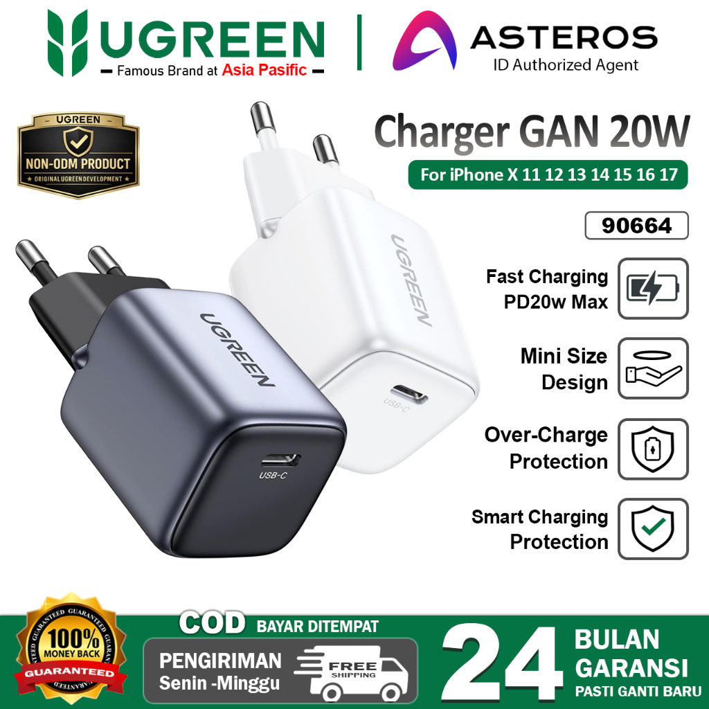 UGREEN Kepala Charger GAN Nexode For iPhone 11 12 13 14 15 16 17 Pro Max Fast Charging 20W