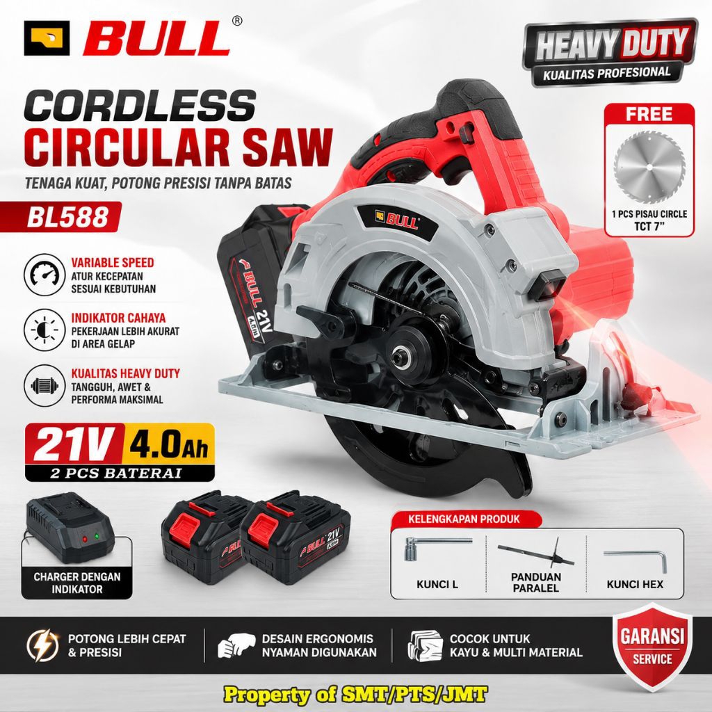 Mesin Gergaji Kayu Baterai 7" BULL BL588 Cordless Circular Saw 21V
