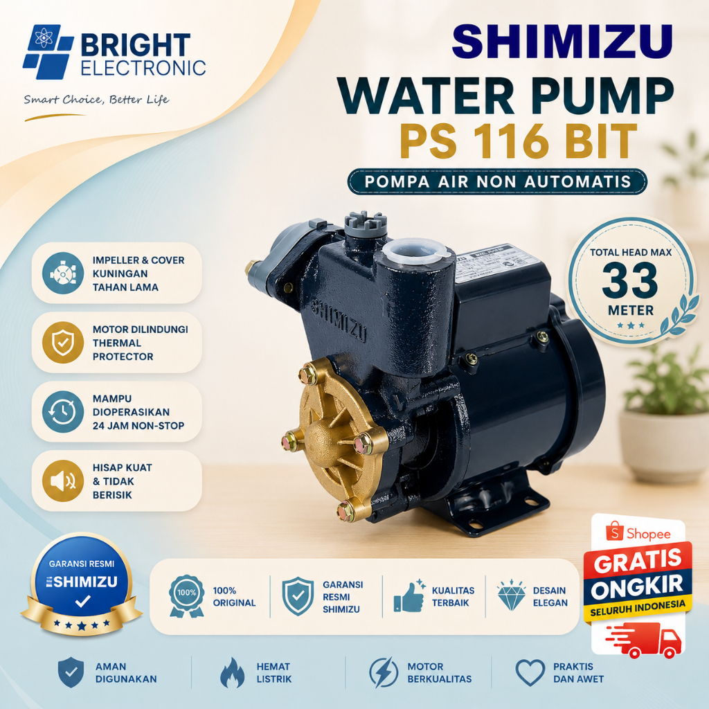 SHIMIZU WATER PUMP PS 116 BIT POMPA AIR NONAUTOMATIC/PS116 BIT/PS-116 BIT/PS 116 BI/PS-116-BI ORI