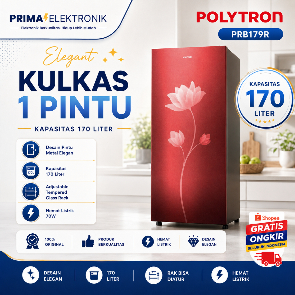 POLYTRON Kulkas 1 Pintu PRB179R 170L/PRB-179-R/PRB-179R/PRB 179 R/PRB 179R/KULKAS 1 PINTU POLYTRON/K