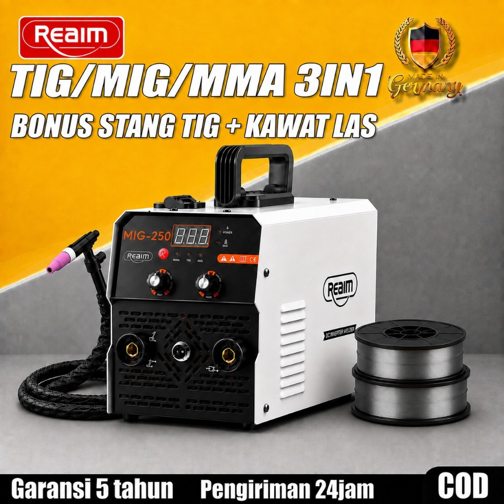 REAIM Mesin Las MIG-250 3 in 1 MIG TIG MMA Inverter + Stang Las TIG + Kawat Las Paket Kombo