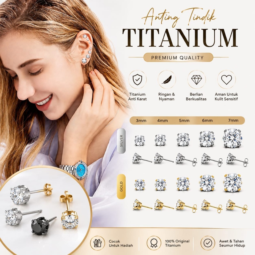 Satu Pasang Anting Tusuk Diamond Anting Plug Titanium / Anting Tindik Permata