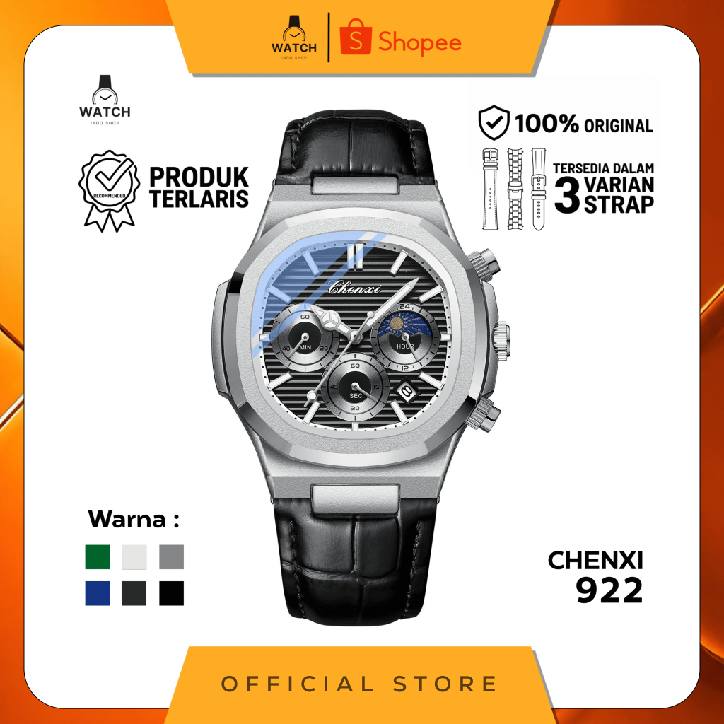 Indoshopwatches Jam Tangan Pria Multifungsi Kalender CHENXI CX-922 Chronograph Quartz Luminos 43 mm