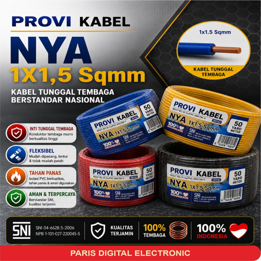 PROVI Kabel Engkel NYA 1.5mm, Kawat Tembaga Tunggal 1.5 mm per Meter