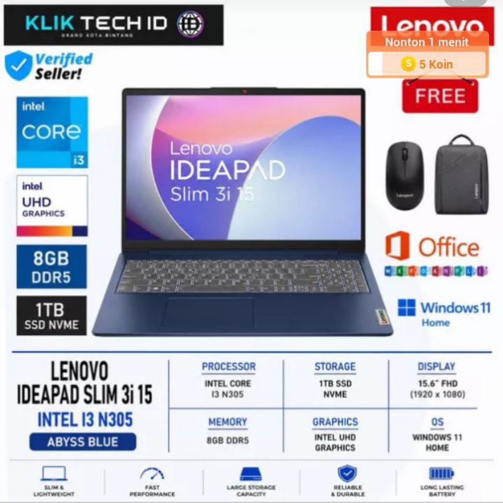 Laptop Baru Lenovo Ideapad Slim 3 15 Intel i3 N305 RAM 8GB DDR5 SSD 1TB SSD Windows 11 Home Ori