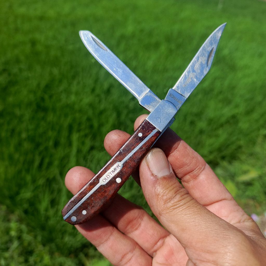 SCHRADE OLDTIMER 1112442 limited edition 950T 95OT Large Gunstock Trapper 2 blade knife Sawcut pisau