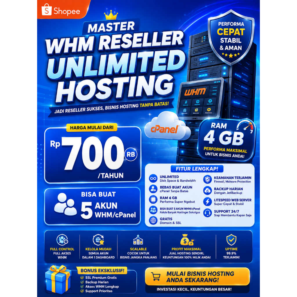 Paket Master WHM Reseller Hosting Unlimited | RAM 4GB | Buat 5 Akun WHM | Harga Murah