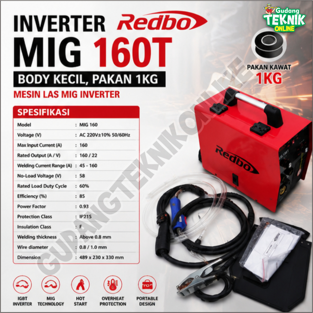 Mesin Las Redbo MIG 160 T / Mesin Las CO Flux Core Redbo MIG 160A Tanpa Gas CO2
