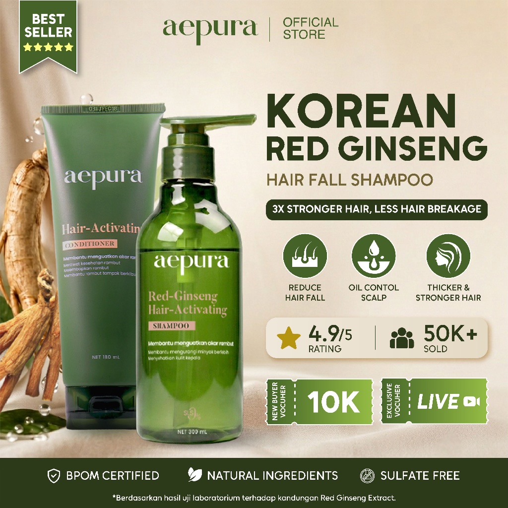 [BEST DEAL] aepura Red-Ginseng Hair-Activating Shampoo 300ml + Conditioner 180ml - Memperkuat Akar Rambut Mempercepat Pertumbuhan Menutrisi Rambut Perawatan Ginseng Korea Sampo Condi Anti Frizzy Herbal Natural