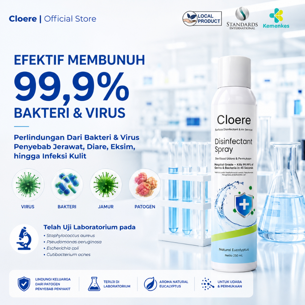 CLOERE Disinfectant Spray Eucalyptus 250ml Disinfektan Ruangan Anti Bakteri & Virus - Semprotan Higi