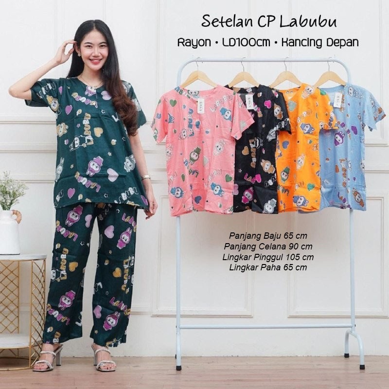 Setelan Wanita Pakaian Rumahan Motif Labubu Bahan Rayon Halus