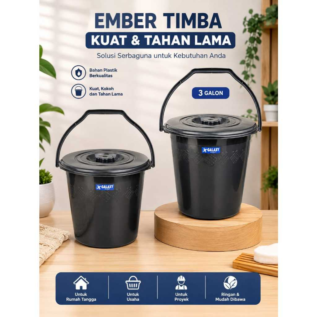 3pcs Ember Timba Tutup Hitam 3 Galon Ember Air Dengan Peganggan Ember Mulud Maulid Ember Timba Cuci 
