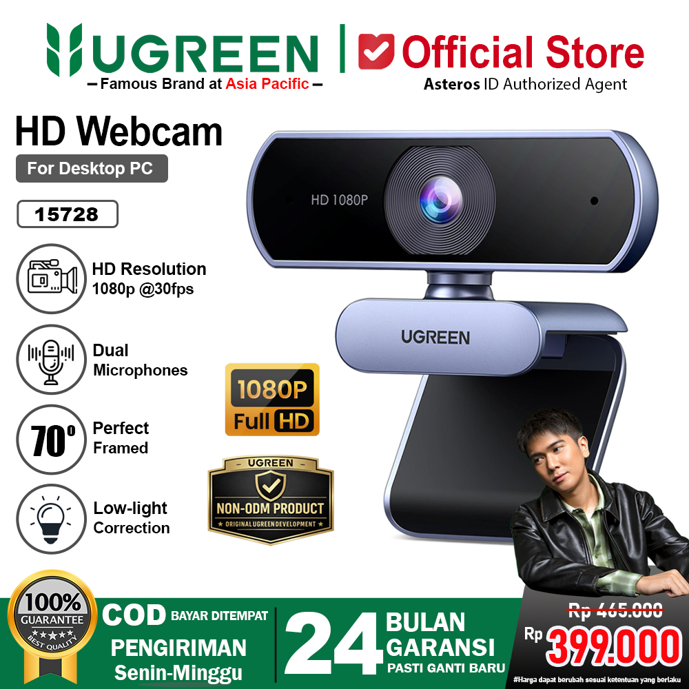 UGREEN 15728 Webcam HD 2K - Abu-abu, Dengan Mikrofon dan Penutup Privasi