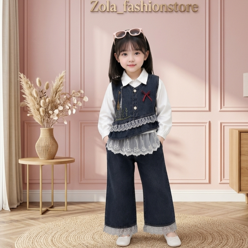 Setelan Anak Perempuan 3in1 Premium – Blouse Putih Lengan Panjang, Vest Denim Bordir Elegan, Celana 