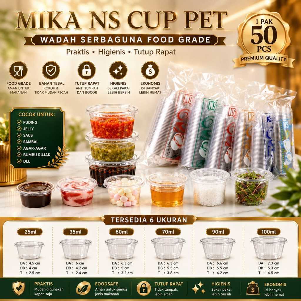 Isi 50pcs Mika NS Cup Saos / NS Cup Puding / NS Cup Sambal Tutup Sambung 25ml 35ml 60ml 70ml 90ml 10