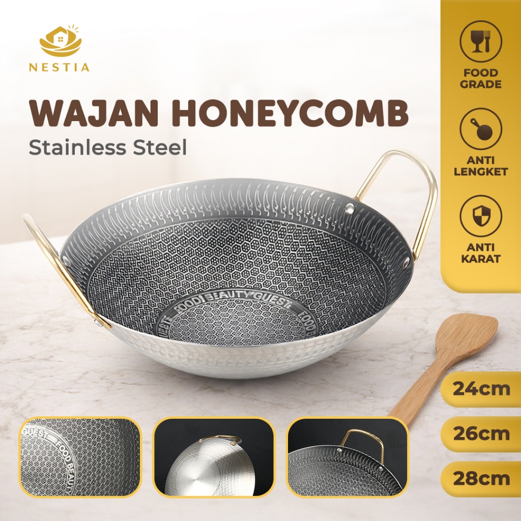 Nestia Wajan Honeycomb Stainless Steel Anti Lengket Anti Karat Kuali Penggorengan Wok Pan 24cm 26cm 