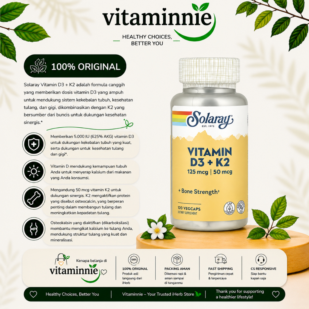 Solaray Vitamin D3 K2 5000 IU 60 Veg Vitamin D3K2 Tulang Gigi