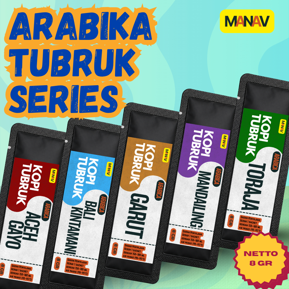 Manav Kopi Sachet Arabika Tubruk Series 5 Varian – Aceh Gayo, Bali Kintamani, Toraja, Mandailing, Ga