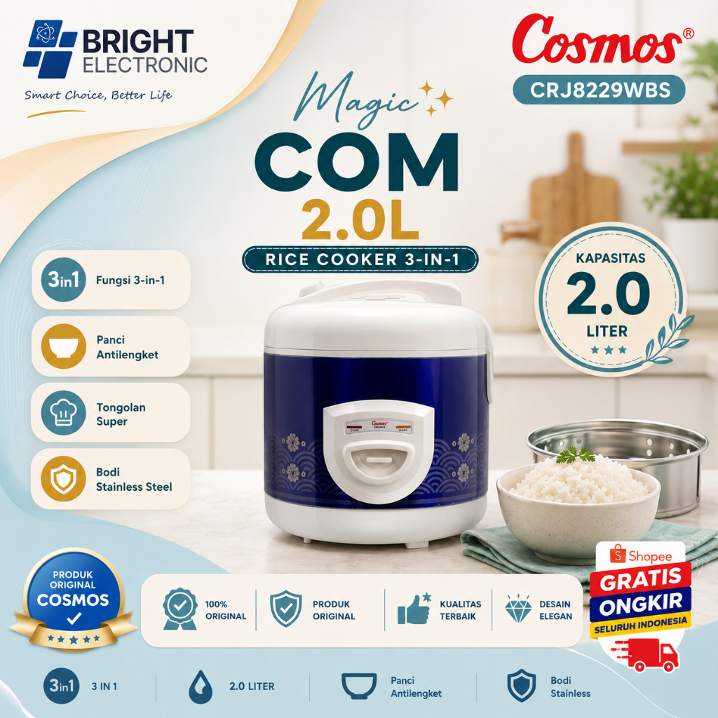 RICE COOKER COSMOS  NON STICK CRJ8229WBS 2L/CRJ-8229WBS/CRJ-8229-WBS/CRJ 8229WBS /CRJ 8229 WBS