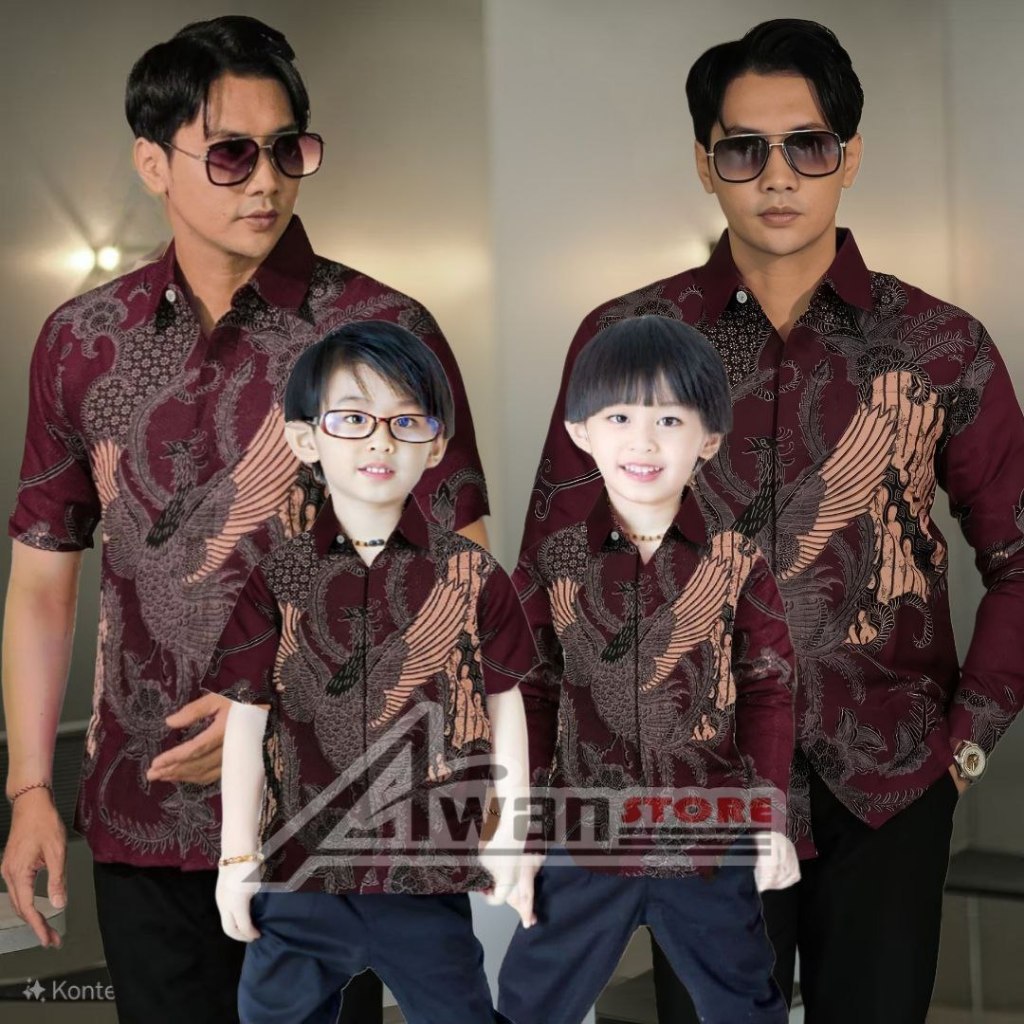 KEMEJA BATIK MOTIF SOANG BURGUNDY LENGAN PANJANG DAN PENDEK PRIA DEWASA DAN ANAK LAKI LAKI