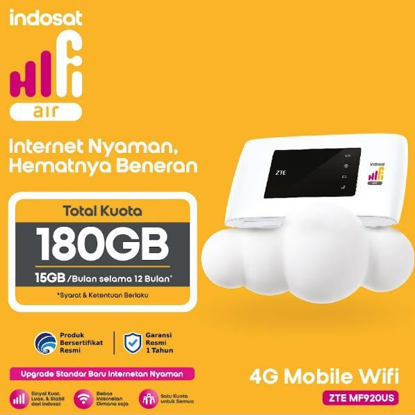Indosat HiFi Air ZTE MF920US Modem MiFi Portable WiFi 4G FREE 180GB 15GB/BULAN