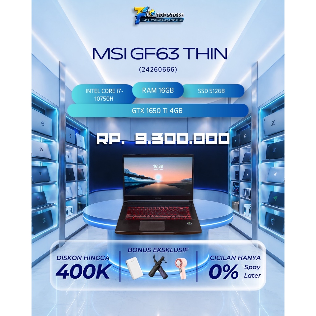 MSI GF63 THIN CORE I7-10750H RAM 16GB SSD 512GB GTX 1650Ti 4GB