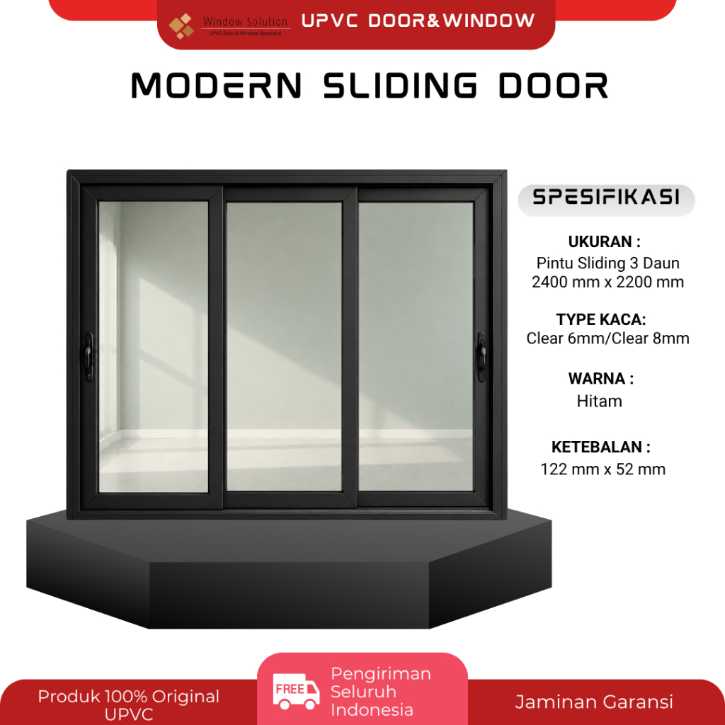 Pintu Sliding 3 Daun 3 Rel, Ukuran 2400 x 2200, Type Kaca Clear 6mm/Clear 8mm, Merek CONCH