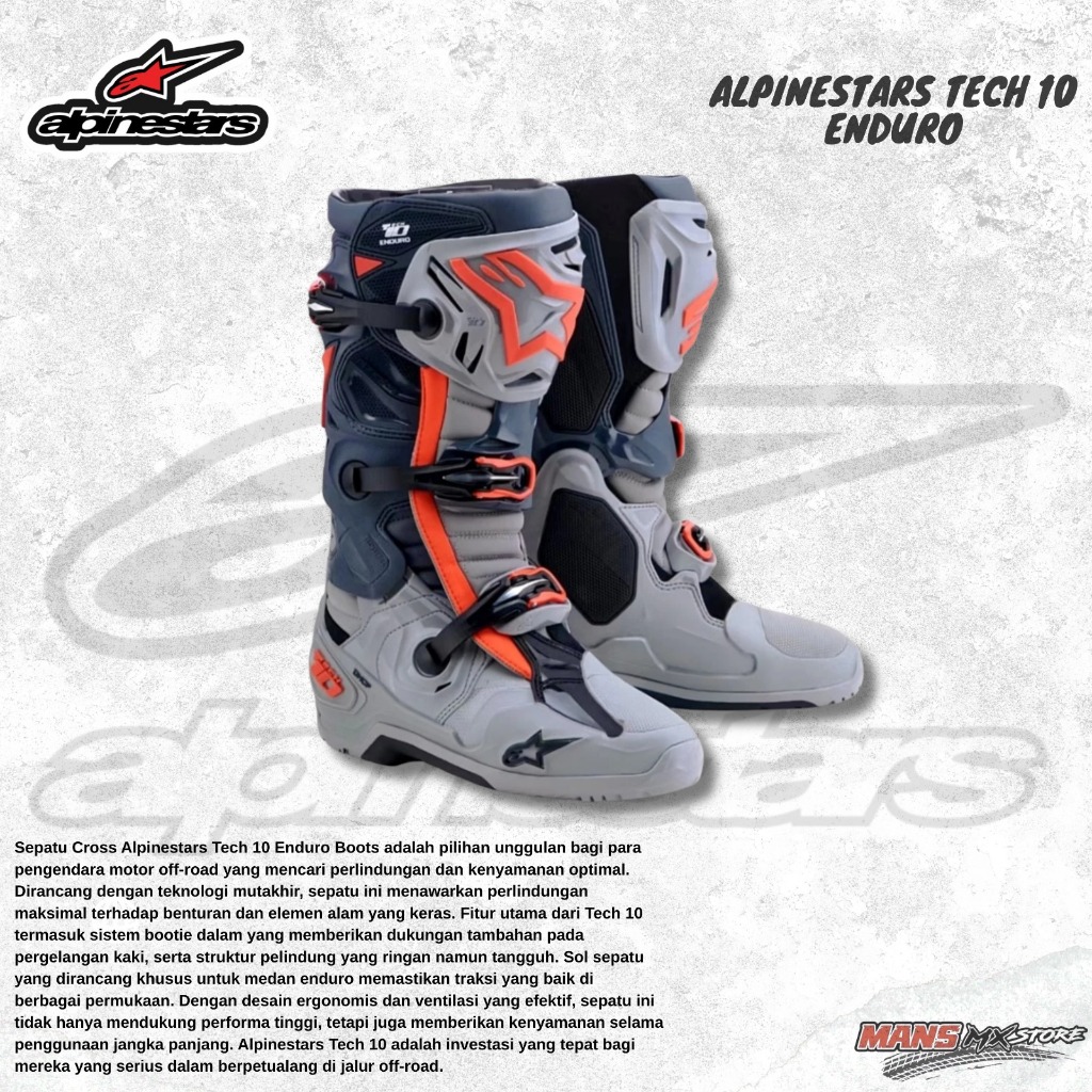 ALPINESTARS TECH 10 ENDURO MID GRAY DARK GRAY RED FLUO ORIGINAL SEPATU ENDURO MOTOCROSS TRAIL ALPINE