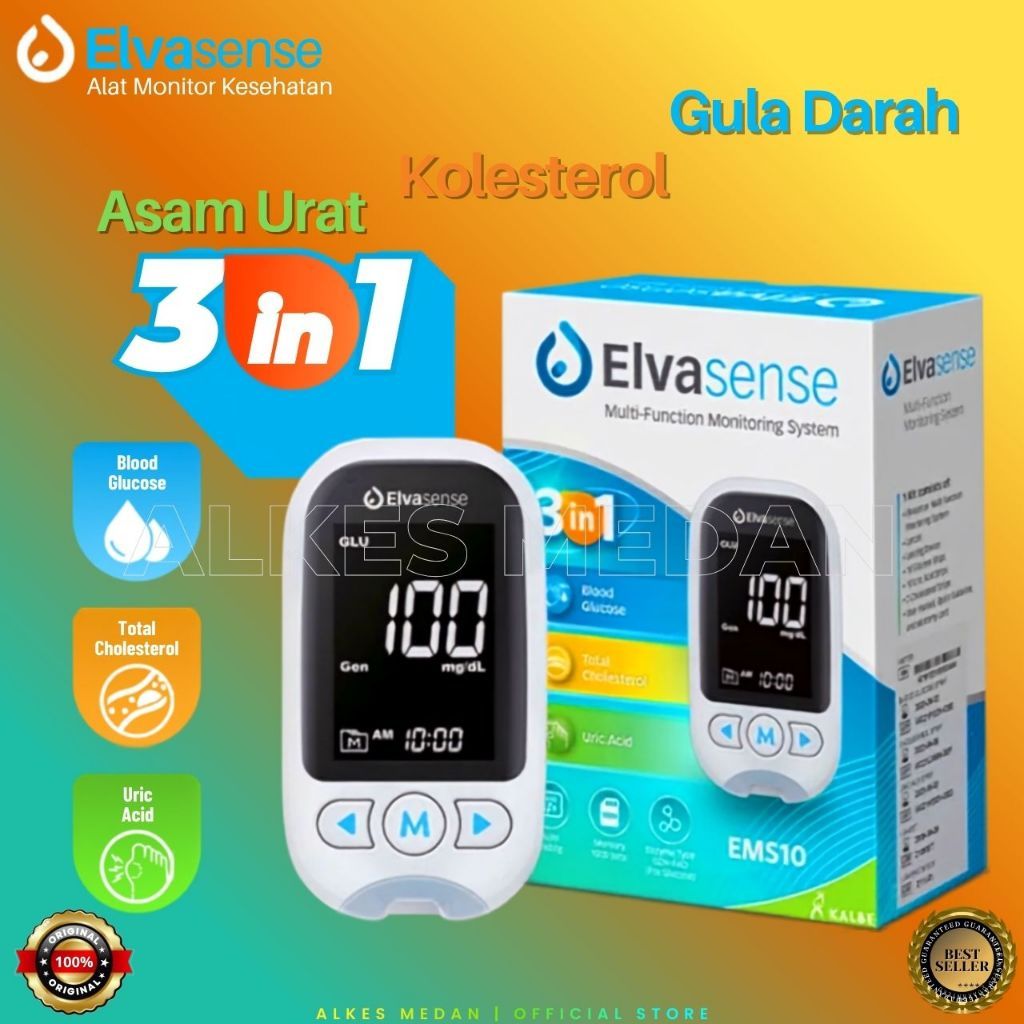 ALAT CEK 3IN1 GULA DARAH KOLESTROL ASAM URAT EMS10 ELVASENSE by KALBE ALKES MEDAN ALAT KESEHATAN MED