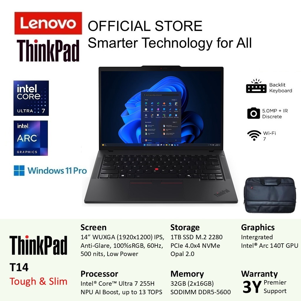 Lenovo ThinkPad T14 Ultra 7 255H 32GB 1TB Win11Pro 14" Include Asuransi