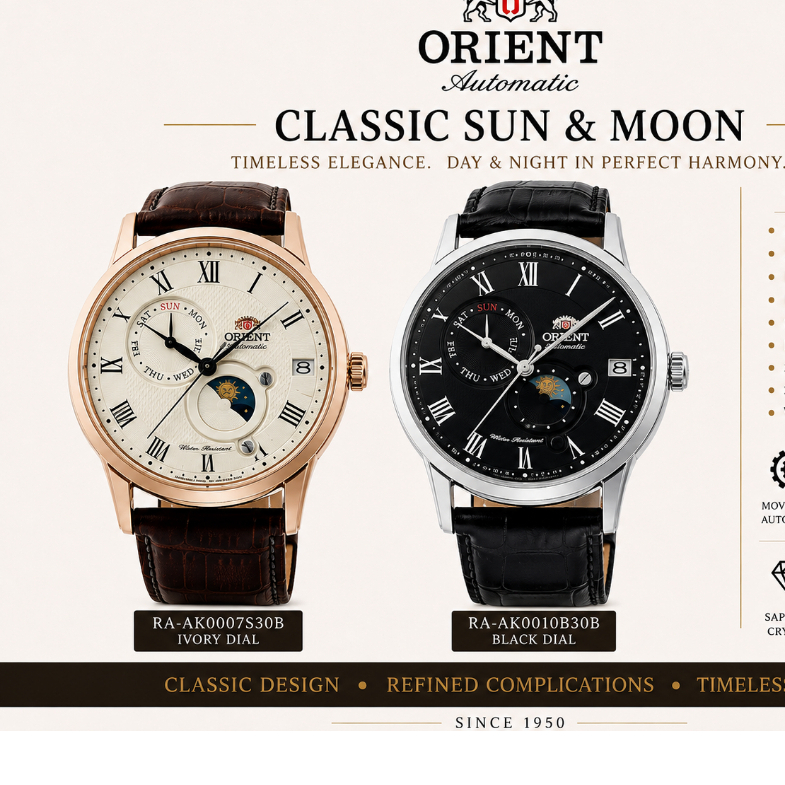 Orient Sun & Moon RA-AK0007S30B Ivory Dial RA-AK0010B30B Black Dial Jam Tangan Pria Mekanik Vintage 