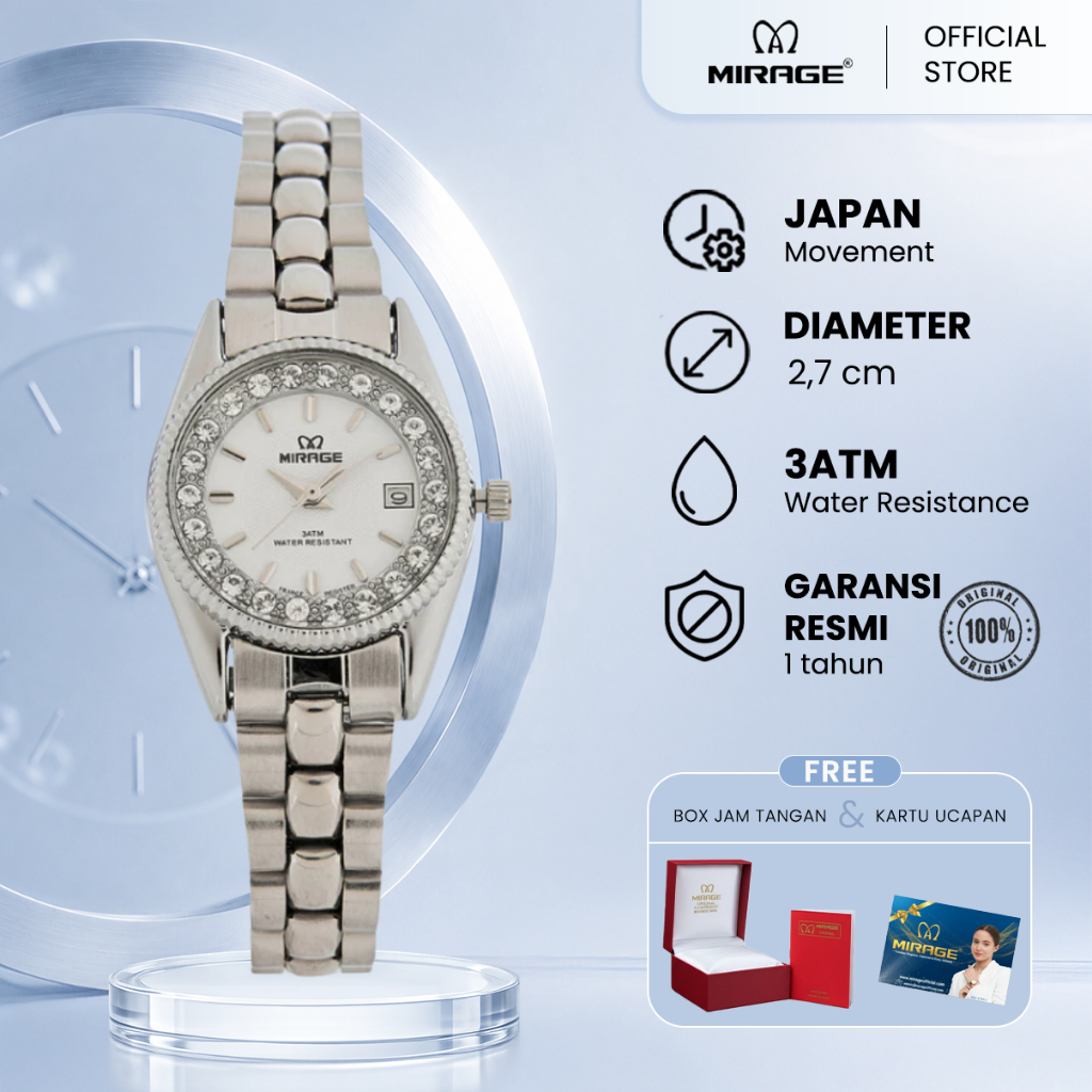 Mirage Jam Tangan Original Wanita Permata Analog RX 1580 L Silver Original Stainless