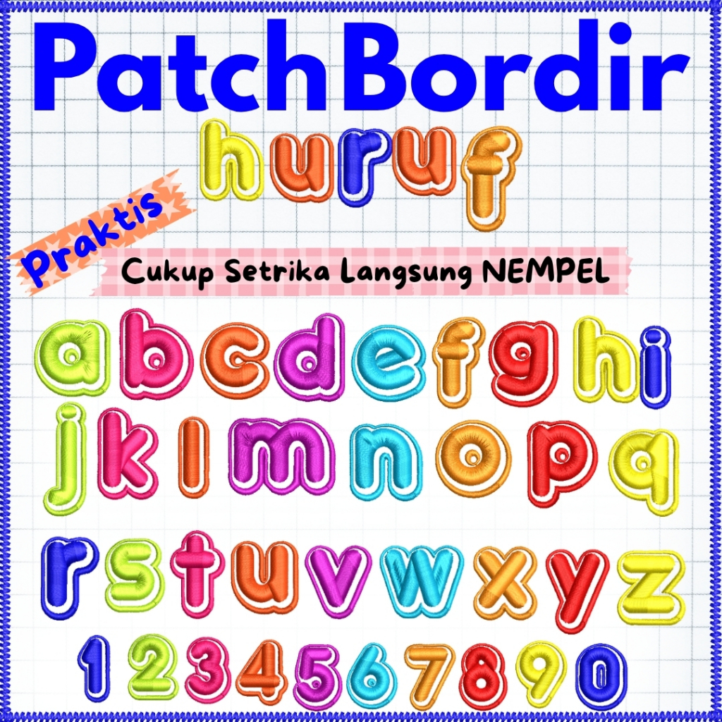 Patch Bordir Huruf Dan Angka Font Lucu Tempel Setrika Besar Kecil Custome Nama 2-3cm Poliester Rayon